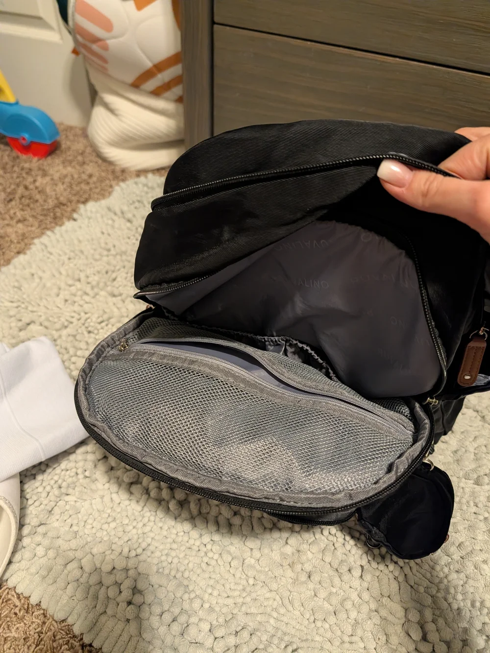 Baby Bag Black Nylon Backpack with Tan Accents